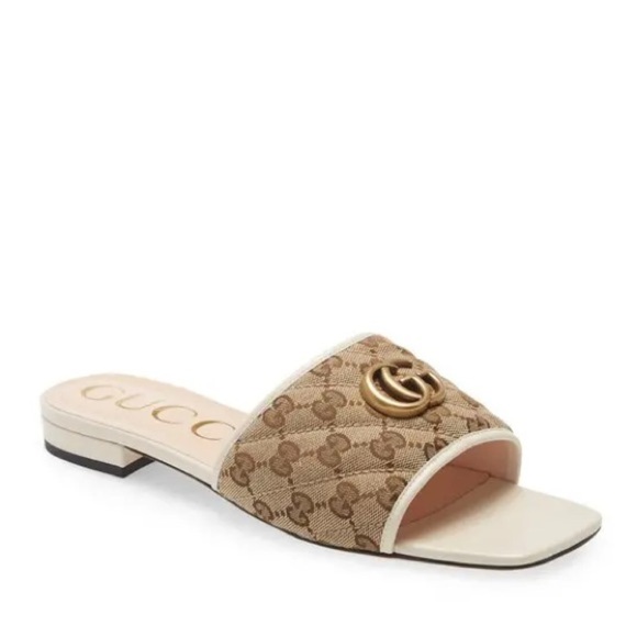 GUCCI Monogram Matelasse GG Marmont Flat Slide Sandals Beige Ebony Mystic White - Picture 8 of 15